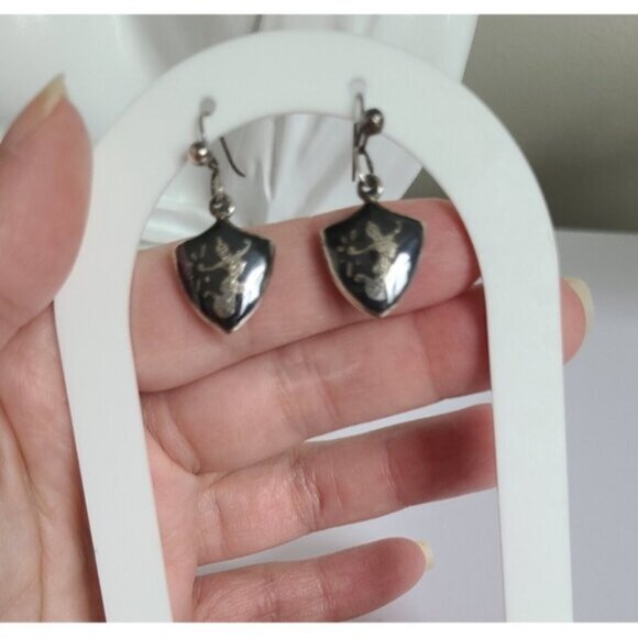 Vintage Boho Native Nielloware Sterling Silver Tribal Drop Dangle Earrings - Picture 2 of 11